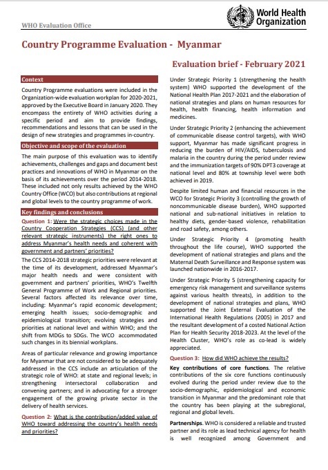 Country Programme Evaluation - Myanmar: Evaluation brief - February 2021