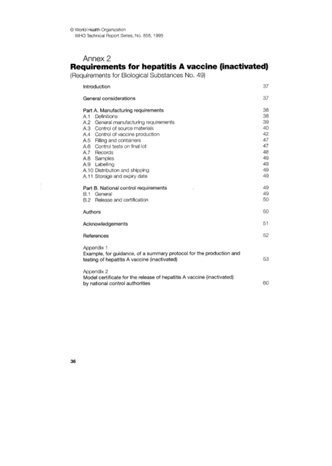 Requirements for Hepatitis A vaccines (inactivated), Annex 2, TRS No 858