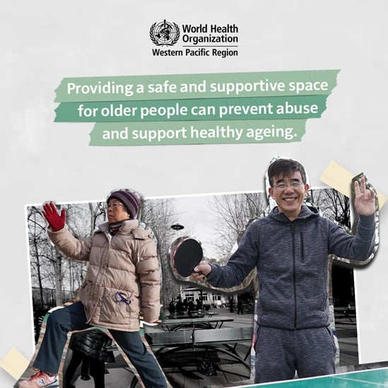 Older man playing table tennis and older woman exercising